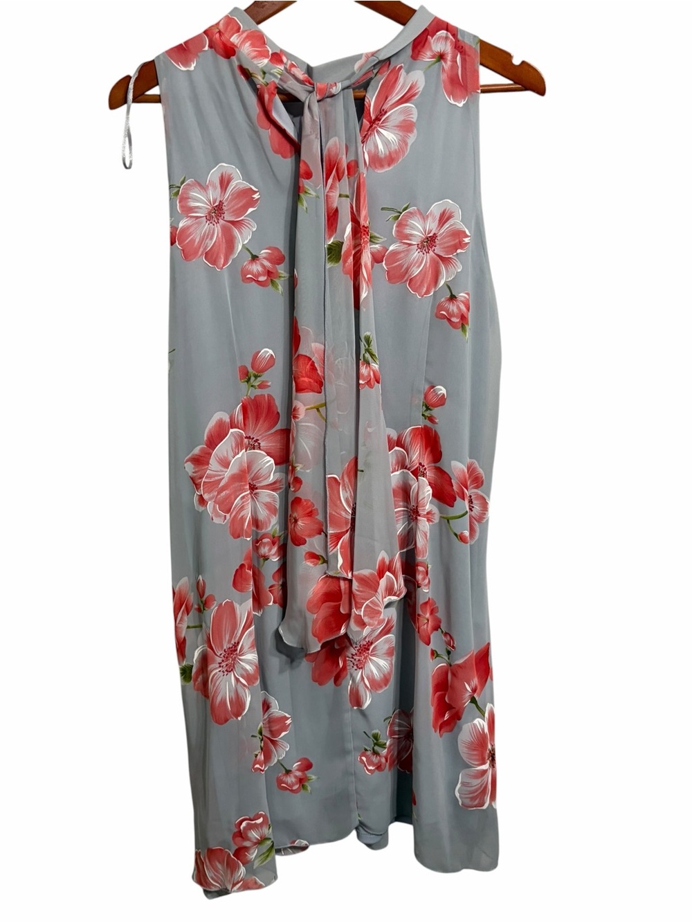 Signature  By Robbie Bee Sleeveless Gray Dress with Coral Pink Floral Print